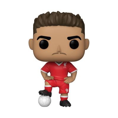 Figura Funko Pop de jogador de futebol com uniforme vermelho e bola branca
