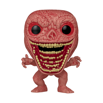 Figura colecionável Funko Pop vinil rosa com textura, olhos negros e boca grande com dentes.