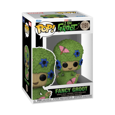 Figura Funko Pop! Fancy Groot com folhas verdes e borboletas rosa na embalagem
