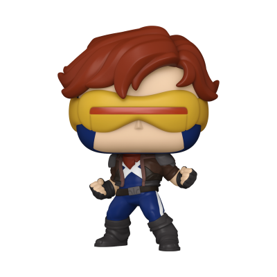 Figura Funko Pop de personagem com óculos amarelos e roupa de herói azul e castanha.