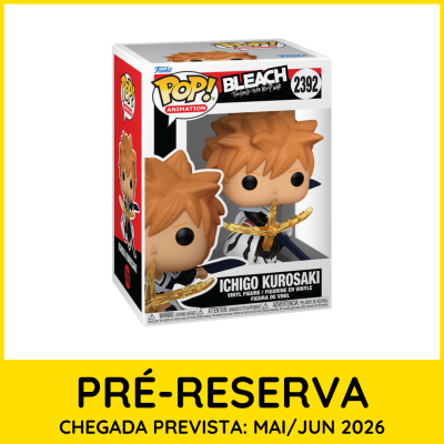 Figura vinyl Funko Pop personagem Ichigo Kurosaki da série Bleach com cabelo castanho e espada dourada