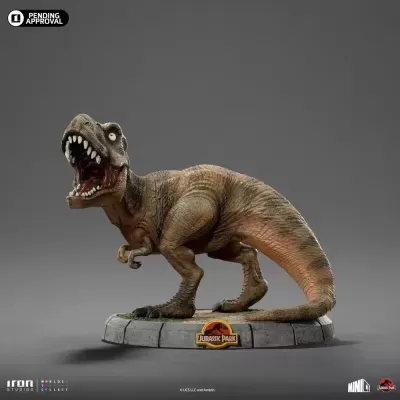 Figura colecionável de dinossauro Tyrannosaurus rex com base e placa Jurassic Park