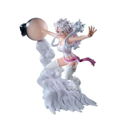 Figura colecionável feminina em pose dinâmica com cabelo branco, roupa branca e rosa, efeito de fumaça e logo BANPRESTO