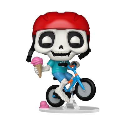 Boneco esqueleto em bicicleta azul com capacete vermelho e gelado rosa
