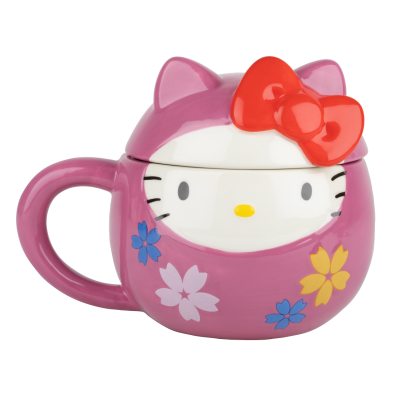 Caneca cerâmica Hello Kitty cor-de-rosa com laço vermelho e flores coloridas