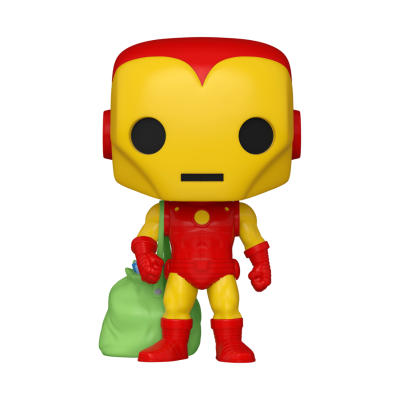 Figura colecionável de personagem vermelho e amarelo Funko Pop com saco verde.