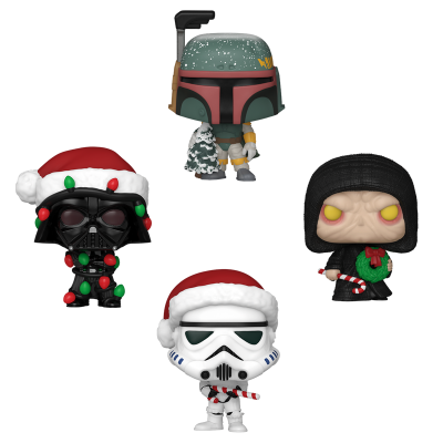 Figuras colecionáveis Funko Pop de Star Wars em tema natalício.