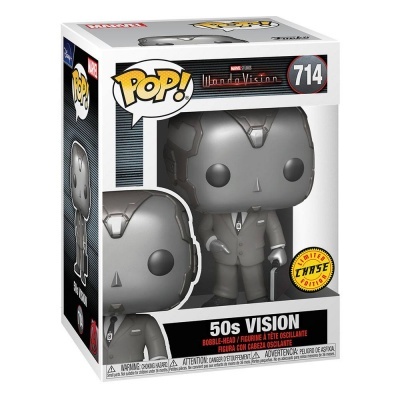 Funko Pop! 50s Vision cinzento em caixa branca com texto e selo amarelo de edição limitada