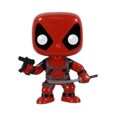 Figura colecionável do Deadpool vermelho e preto segurando arma e katana