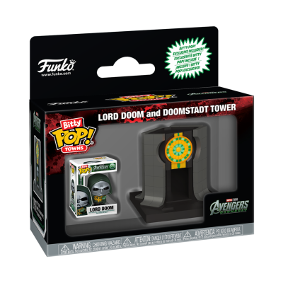 Pacote Funko Bitty Pop! Towns com figura Lord Doom e torre Doomstadt visíveis