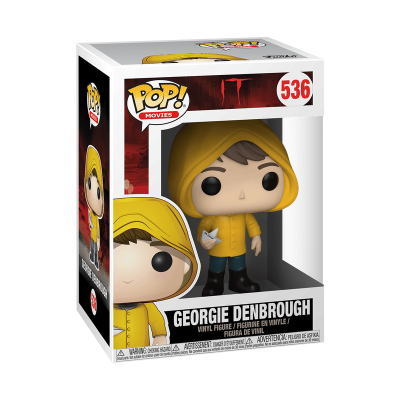 Figura Pop! Movies Georgie Denbrough número 536 com casaco amarelo e barco de papel