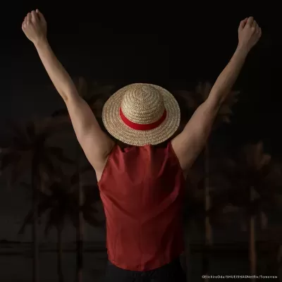 Pessoa de costas com chapéu de palha e camisa vermelha com braços levantados diante de fundo escuro com palmeiras