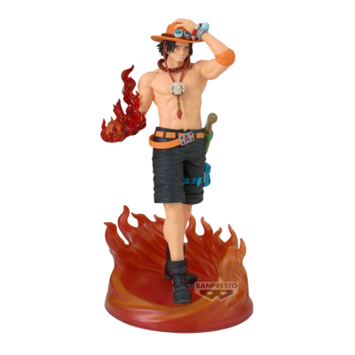 Figura colecionável de personagem masculino com chamas vermelhas na mão e base