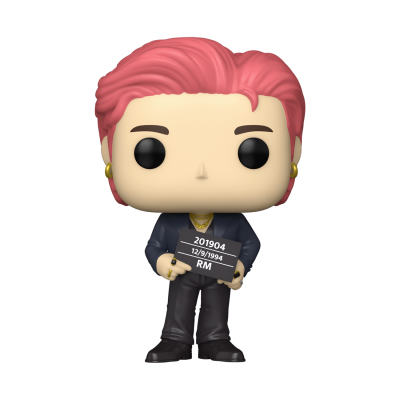 Boneca Funko Pop com cabelo rosa e jaqueta azul escura