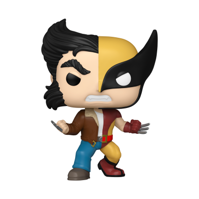 Figura Funko Pop dividida em duas metades com características distintas de personagens de super-heróis