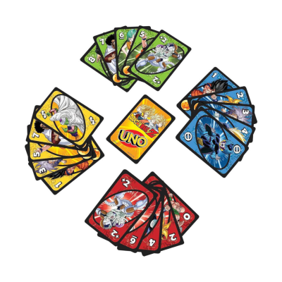 Cartas de jogo UNO Dragon Ball Z em várias cores com personagens e números.