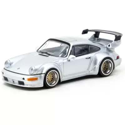 Miniatura de carro desportivo Porsche prata metálico com asa preta e jantes douradas