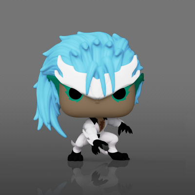 Boneco Funko Pop com cabelo azul claro e roupa branca em fundo cinzento