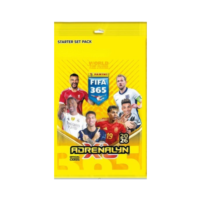 Pack colecionável FIFA 365 Adrenalyn XL 2026 da Panini em embalagem amarela com jogadores de futebol