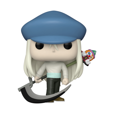 Figura Funko Pop com boina azul, foice e objeto colorido