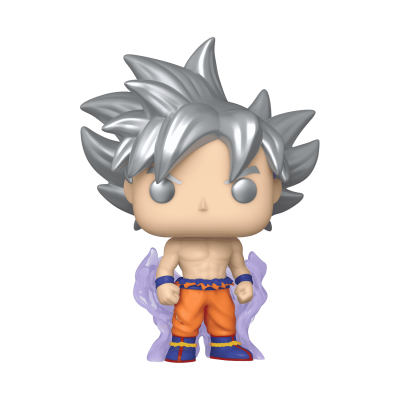 Figura Funko Pop com cabelo prateado e roupa laranja e azul, aura roxa