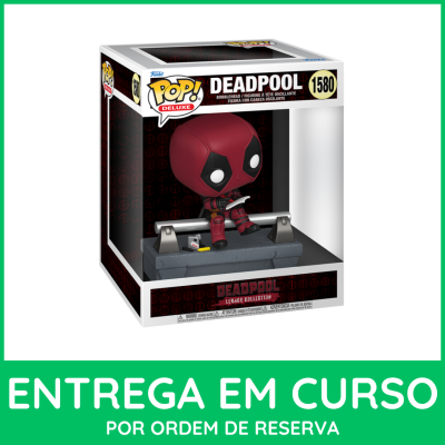 Figura Funko Pop Deluxe Deadpool na caixa com texto de entrega em fundo verde