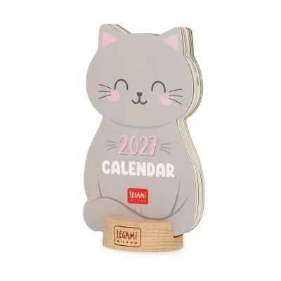 Calendário de mesa forma gato cinzento com base de madeira