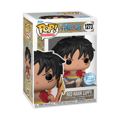 Funko Pop Red Hawk Luffy One Piece na caixa com fundo bege e detalhes coloridos