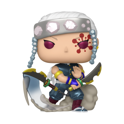 Boneco Funko Pop personagem com cabelo branco e bandana cinza com gemas rosas