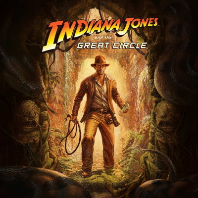 Cartaz do filme Indiana Jones and the Great Circle com homem em floresta e serpentes