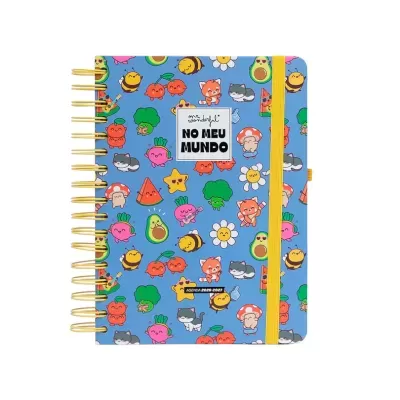 Agenda com capa azul decorada com ilustrações coloridas de animais e frutas