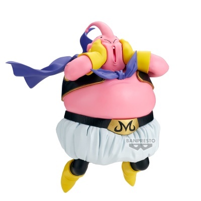 Figura de ação do personagem Majin Buu da série Dragon Ball com roupas coloridas.