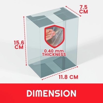 Caixa transparente com dimensões em centímetros e texto DIMENSION