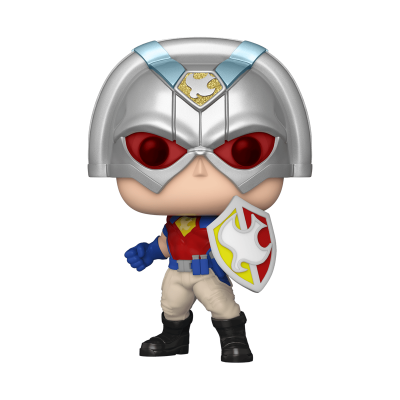 Figura Funko Pop super-herói com capacete prateado e escudo branco colorido
