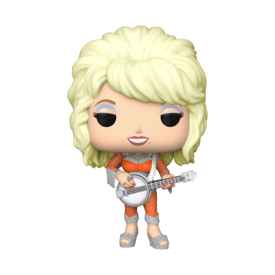 Figura Funko Pop loira com roupa laranja e banjo