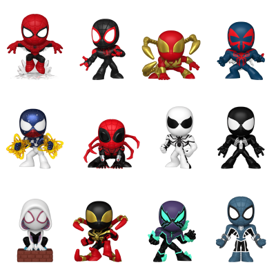 Doze figuras colecionáveis de personagens estilo Homem-Aranha com cores e poses variadas