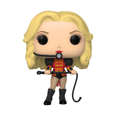 Figurina Funko Pop mulher loira com roupa vermelha e preta segurando chicote