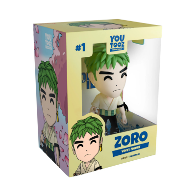 Figura de vinil Zoro em caixa amarela com texto e janela transparente