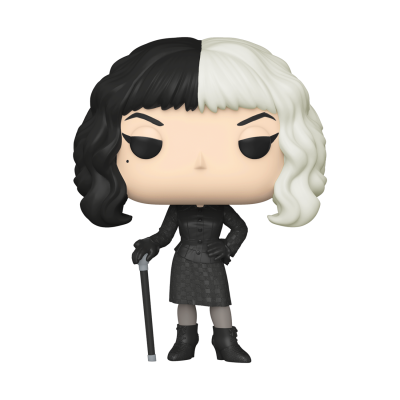 Figura colecionável Funko Pop com cabelo metade preto e metade branco, roupa preta e bengala
