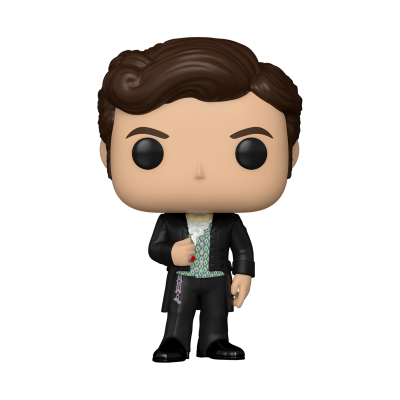 Figura Funko Pop masculina com cabelo castanho e roupa preta com colete branco e verde