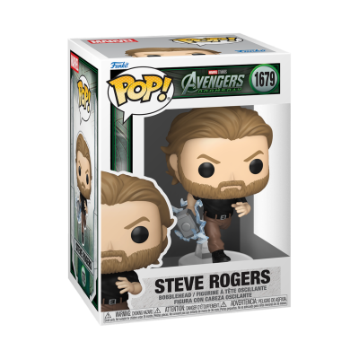 Funko Pop Steve Rogers Avengers Doomsday numa caixa branca com letras pretas e detalhes verdes