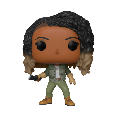 Figura Funko Pop de personagem feminino com cabelo preto e loiro, vestuário verde e branco, segurando objeto preto