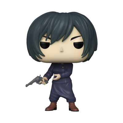 Figura Funko Pop com roupa azul escura e pistola cinzenta