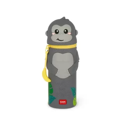 Estojo cinzento de silicone em forma de gorila com fecho amarelo e texto WILD BUT KIND