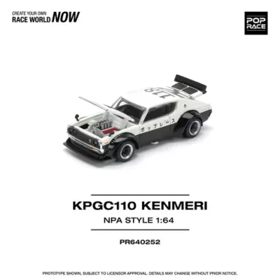 Miniatura de carro de corrida branco e preto modelo KPGC110 Kenmeri escala 1:64