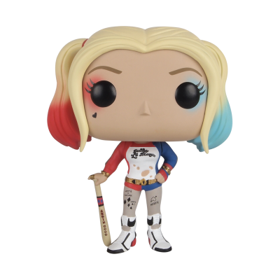 Figura Funko Pop de Harley Quinn com cabelo colorido e roupa colorida segurando taco de baseball