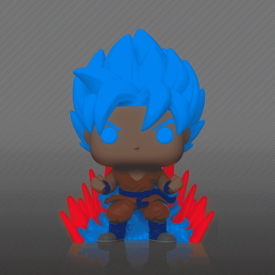 Figura Funko Pop com cabelo azul em chamas sobre base de chamas azuis e vermelhas.