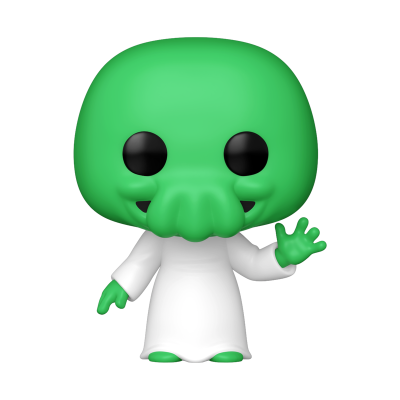 Figura vinil Funko Pop com cabeça verde e vestido branco.