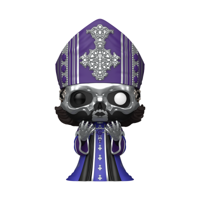 Boneco colecionável com máscara de caveira e roupa roxa decorada com cruzes