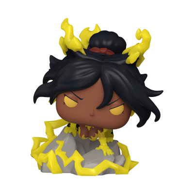 Figura colecionável de personagem com cabelo preto e detalhes amarelos em relâmpago
